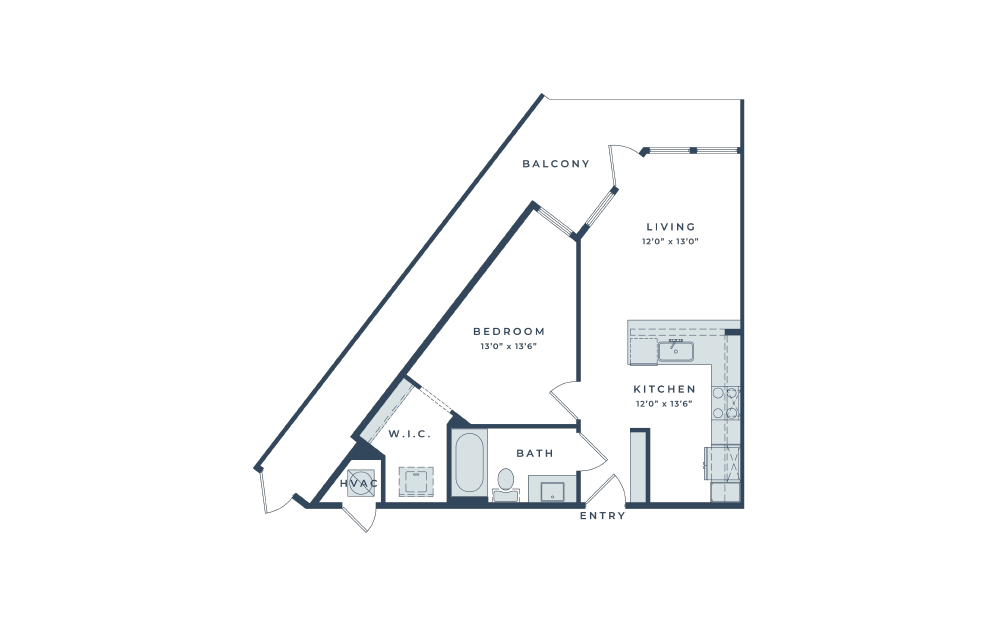 A1 - 1 bedroom floorplan layout with 1 bath and 587 square feet.