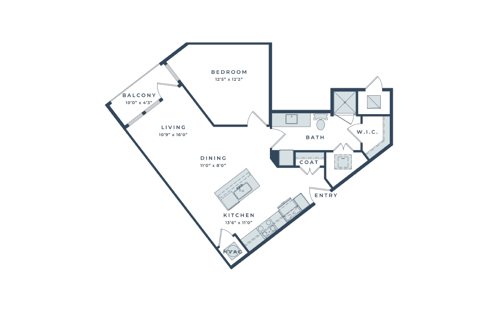 A6 - 1 bedroom floorplan layout with 1 bath and 715 square feet.