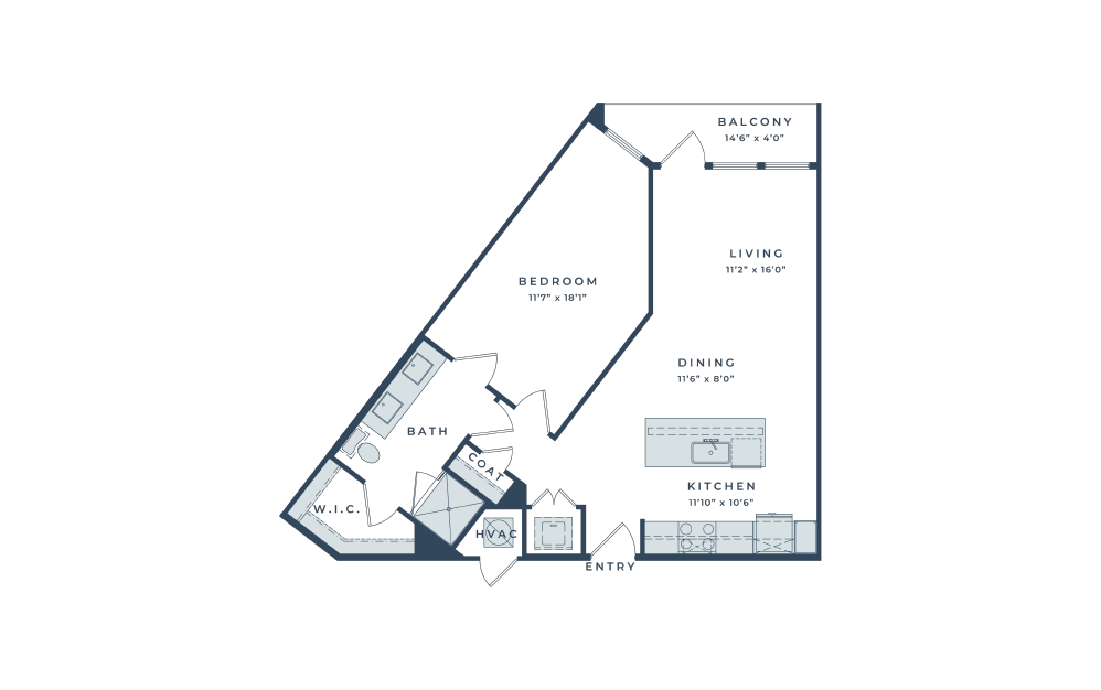 A8 - 1 bedroom floorplan layout with 1 bath and 760 square feet.