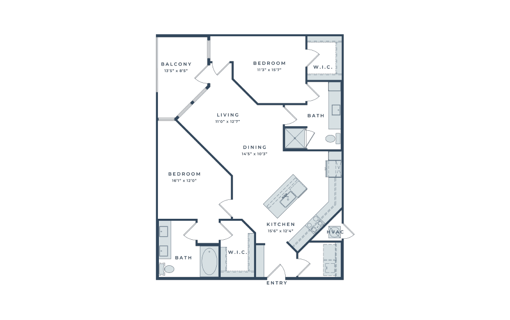 B2 - 2 bedroom floorplan layout with 2 baths and 1115 square feet.
