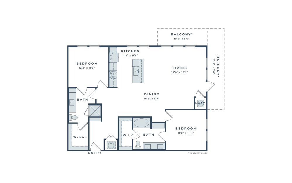 B3 - 2 bedroom floorplan layout with 2 baths and 1255 square feet.