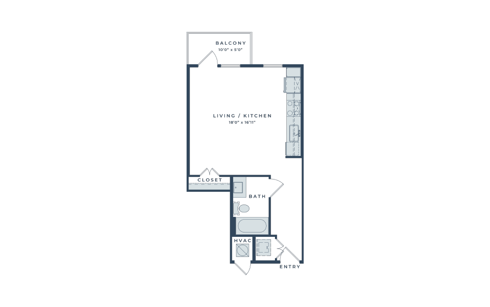 E1 - Studio floorplan layout with 1 bath and 479 square feet.
