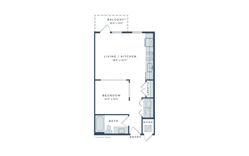 E2 - 1 bedroom floorplan layout with 1 bath and 516 to 536 square feet.