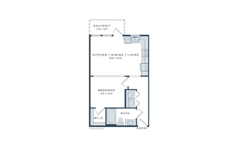 E3 - 1 bedroom floorplan layout with 1 bath and 567 to 575 square feet.
